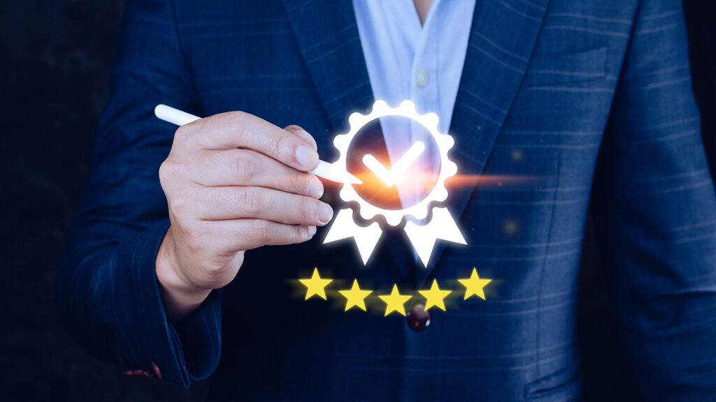 businessman hand touching symbol top service quality assurance 5 star guarantee best product standards iso certification standardization concept